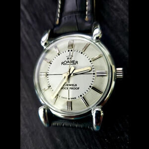 Very Rare Model Roamer Brevete‎ Swiss Mens Manual Watch Slv Wht Serviced